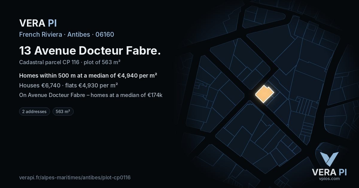 13 Avenue Docteur Fabre, Antibes at night – the plot lit, the parcels around coloured by the prices near them
