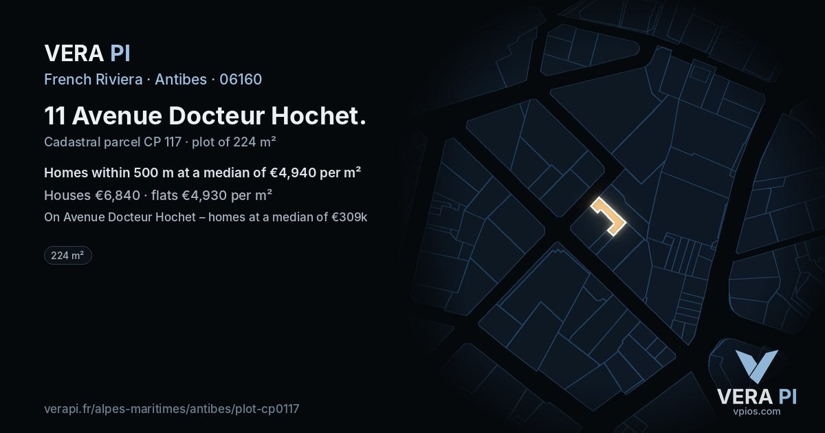 11 Avenue Docteur Hochet, Antibes at night – the plot lit, the parcels around coloured by the prices near them