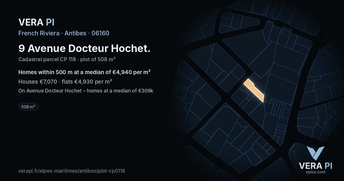 9 Avenue Docteur Hochet, Antibes at night – the plot lit, the parcels around coloured by the prices near them