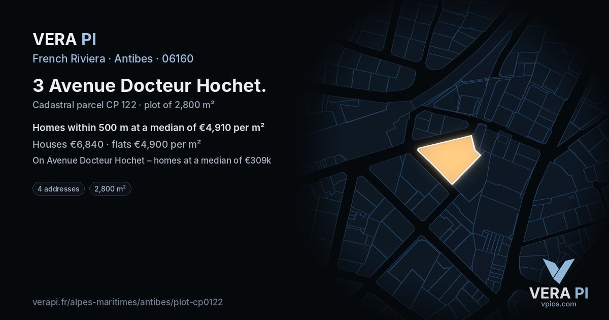 3 Avenue Docteur Hochet, Antibes at night – the plot lit, the parcels around coloured by the prices near them