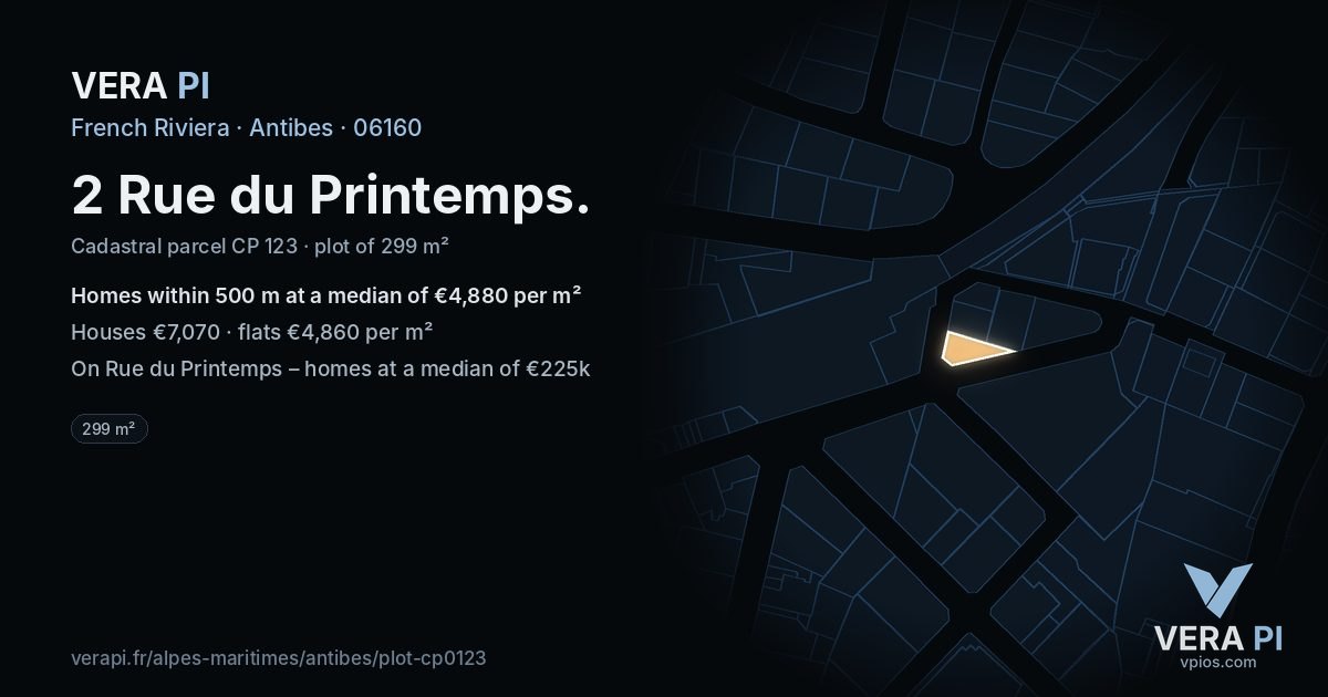 2 Rue du Printemps, Antibes at night – the plot lit, the parcels around coloured by the prices near them