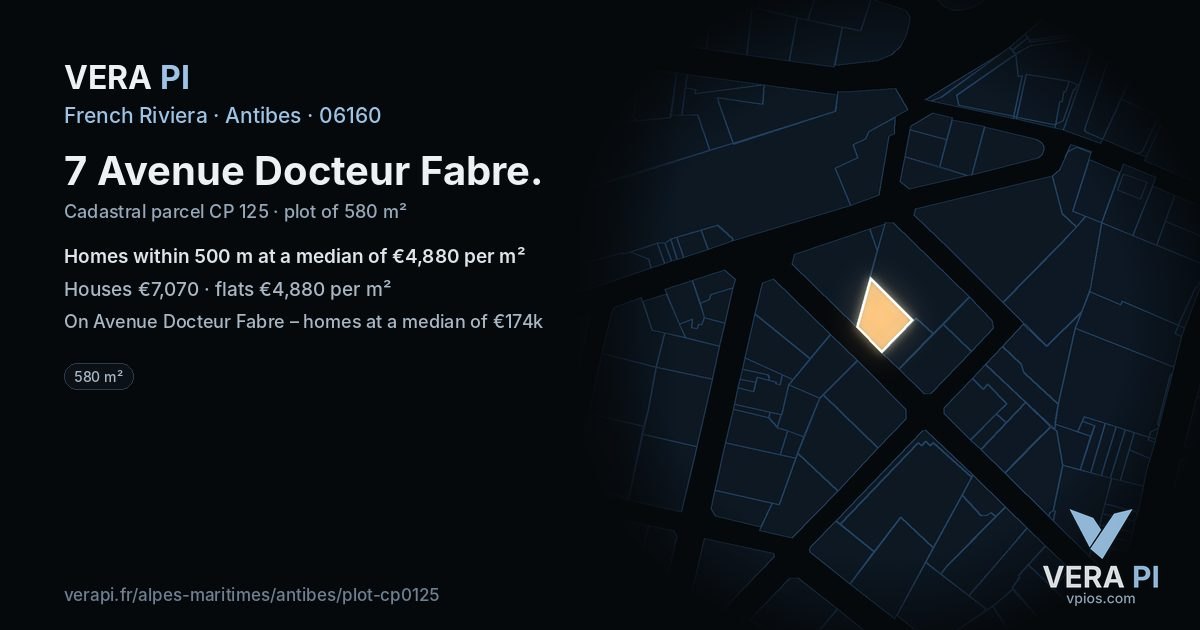 7 Avenue Docteur Fabre, Antibes at night – the plot lit, the parcels around coloured by the prices near them