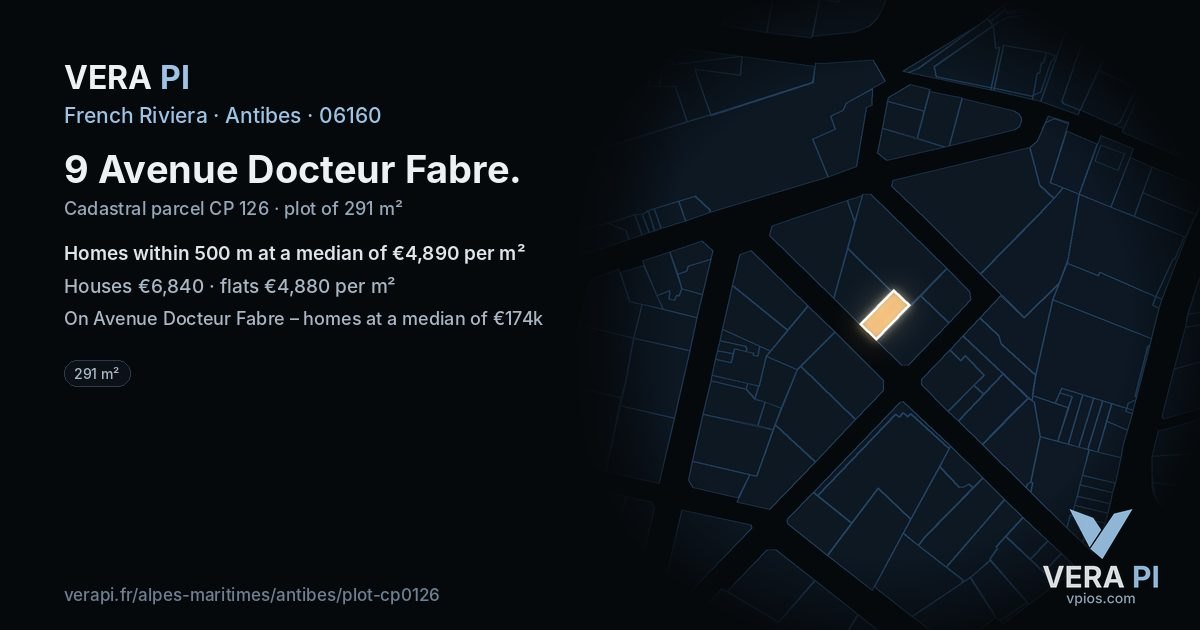 9 Avenue Docteur Fabre, Antibes at night – the plot lit, the parcels around coloured by the prices near them