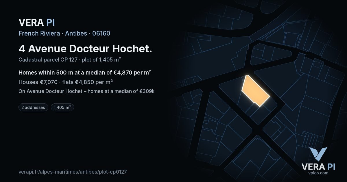 4 Avenue Docteur Hochet, Antibes at night – the plot lit, the parcels around coloured by the prices near them