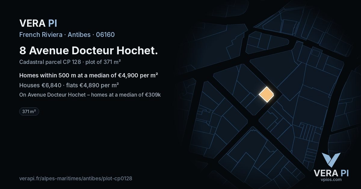 8 Avenue Docteur Hochet, Antibes at night – the plot lit, the parcels around coloured by the prices near them