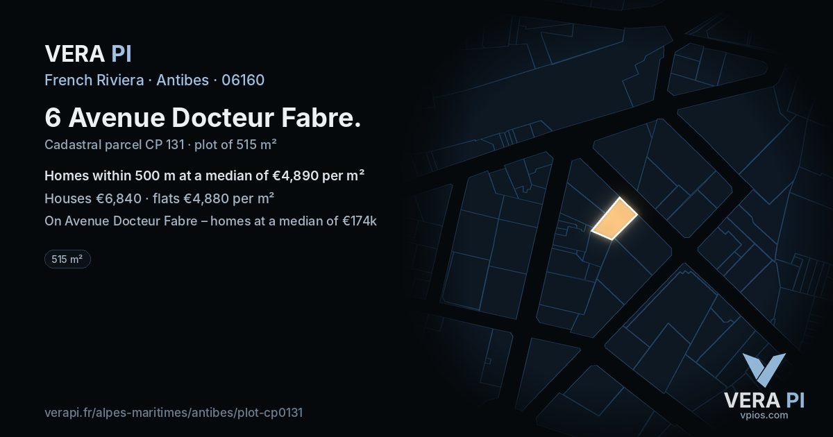 6 Avenue Docteur Fabre, Antibes at night – the plot lit, the parcels around coloured by the prices near them