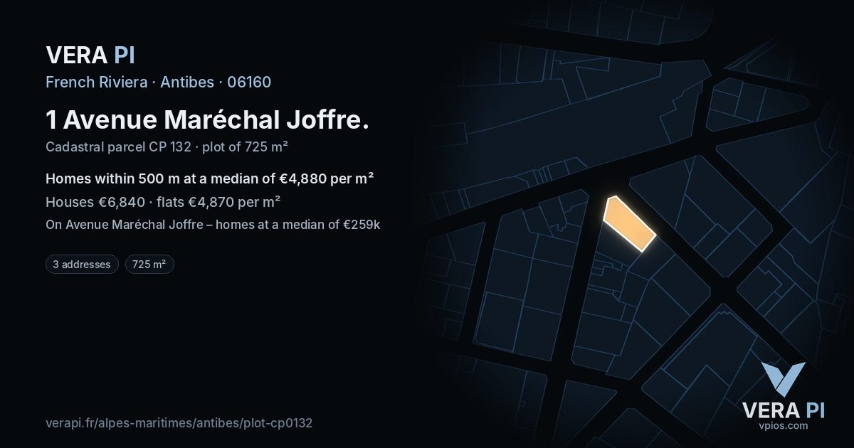 1 Avenue Maréchal Joffre, Antibes at night – the plot lit, the parcels around coloured by the prices near them