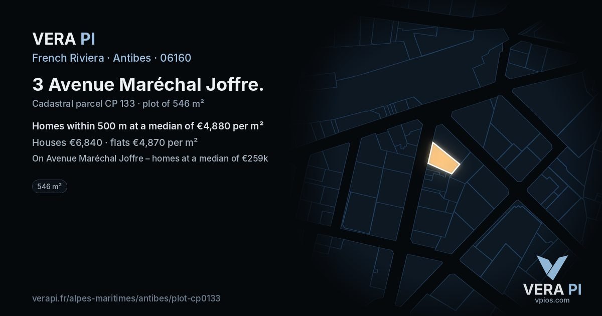 3 Avenue Maréchal Joffre, Antibes at night – the plot lit, the parcels around coloured by the prices near them