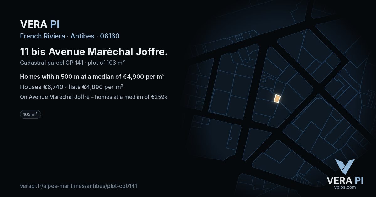 11 bis Avenue Maréchal Joffre, Antibes at night – the plot lit, the parcels around coloured by the prices near them