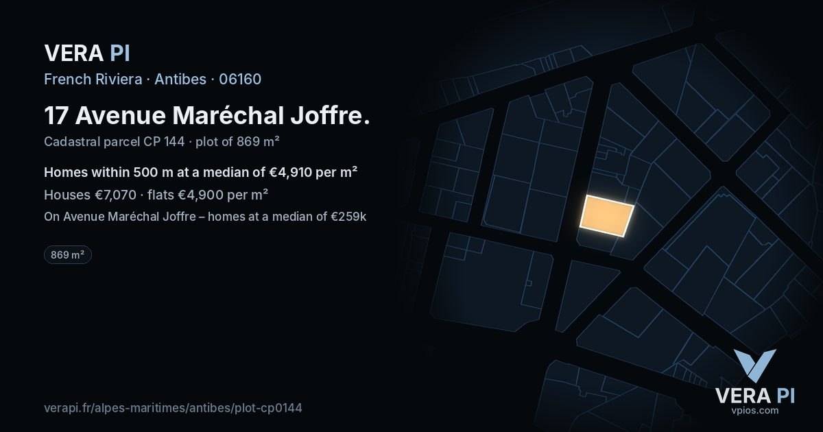 17 Avenue Maréchal Joffre, Antibes at night – the plot lit, the parcels around coloured by the prices near them