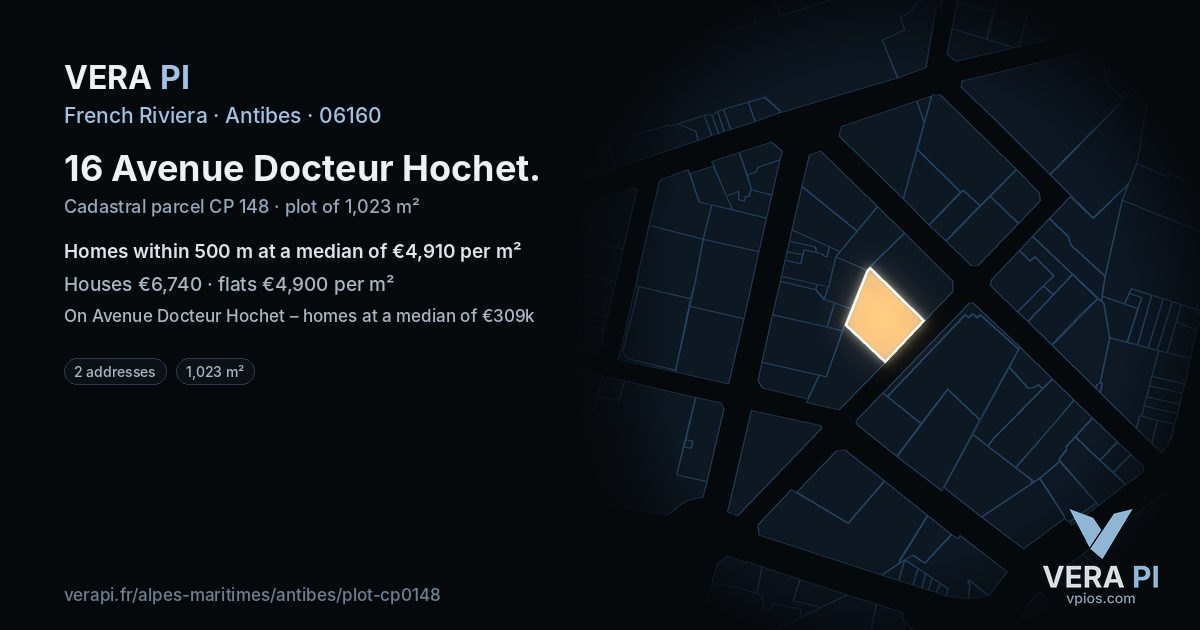16 Avenue Docteur Hochet, Antibes at night – the plot lit, the parcels around coloured by the prices near them