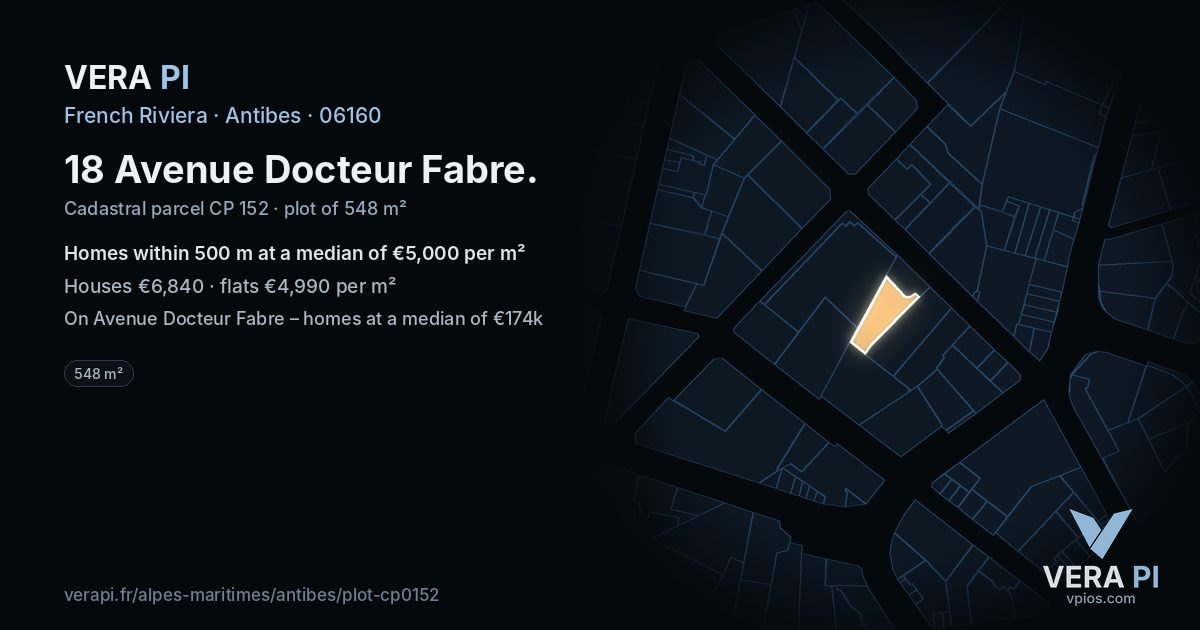 18 Avenue Docteur Fabre, Antibes at night – the plot lit, the parcels around coloured by the prices near them