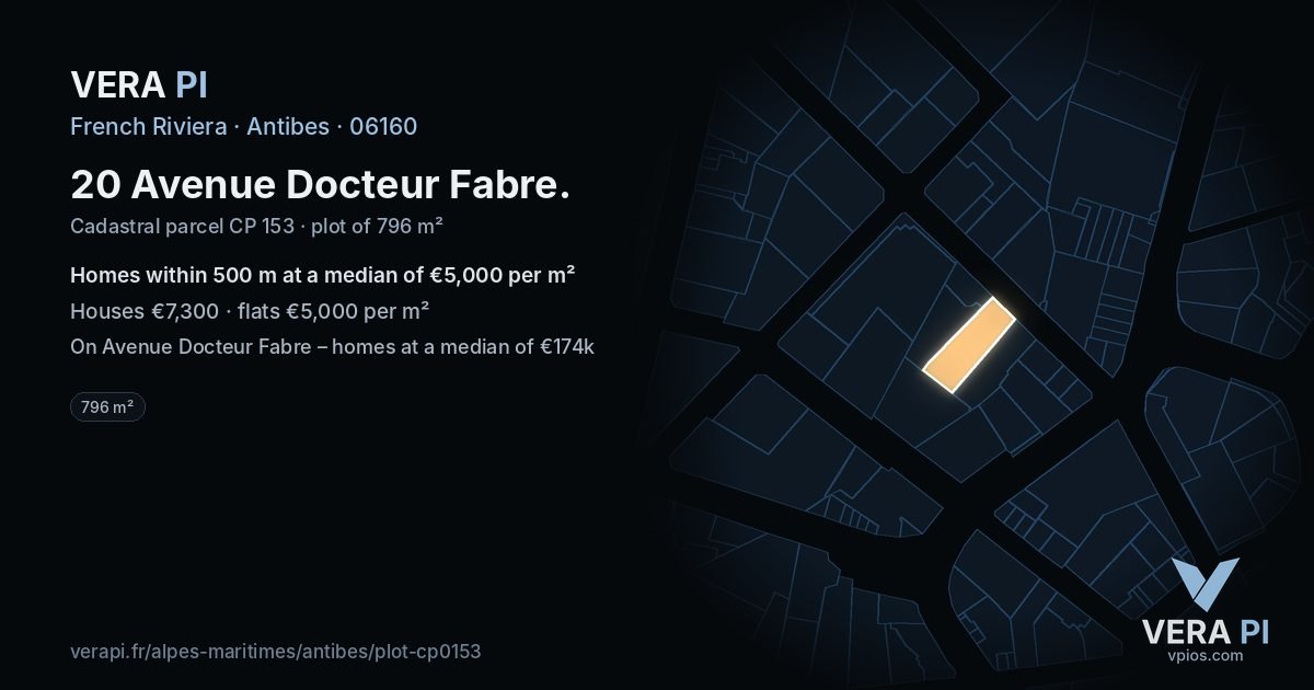 20 Avenue Docteur Fabre, Antibes at night – the plot lit, the parcels around coloured by the prices near them