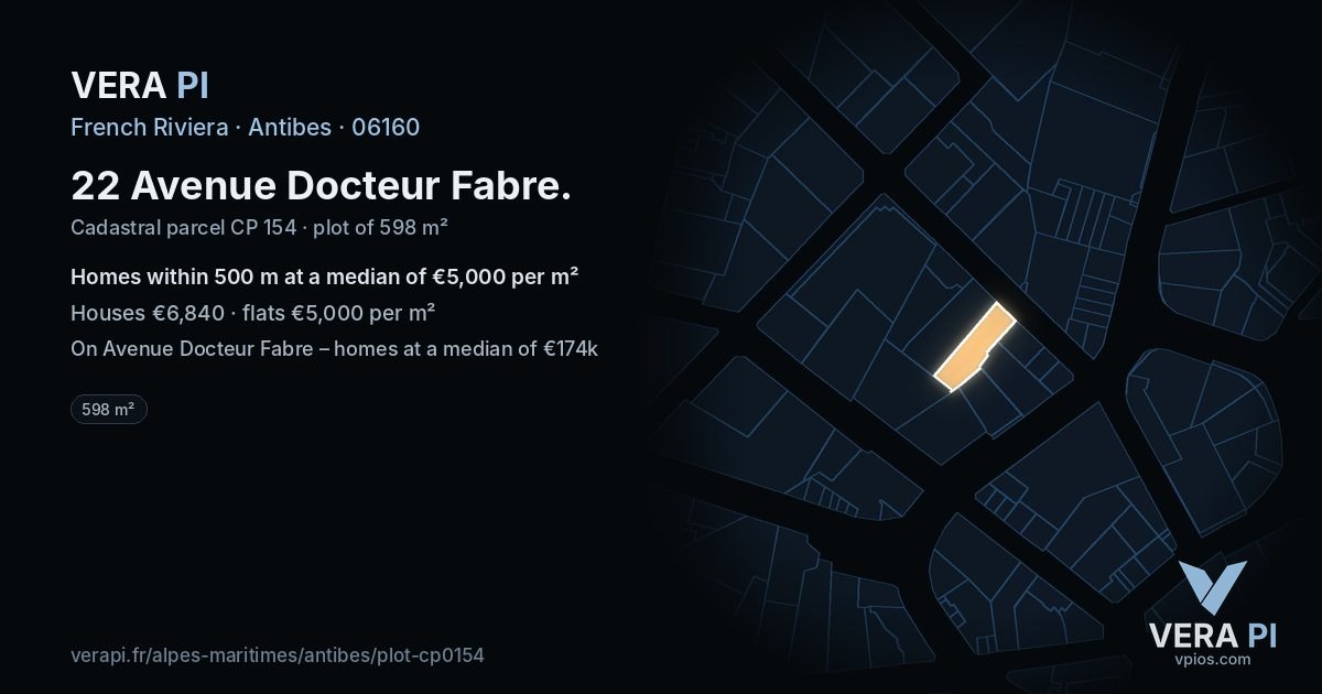 22 Avenue Docteur Fabre, Antibes at night – the plot lit, the parcels around coloured by the prices near them