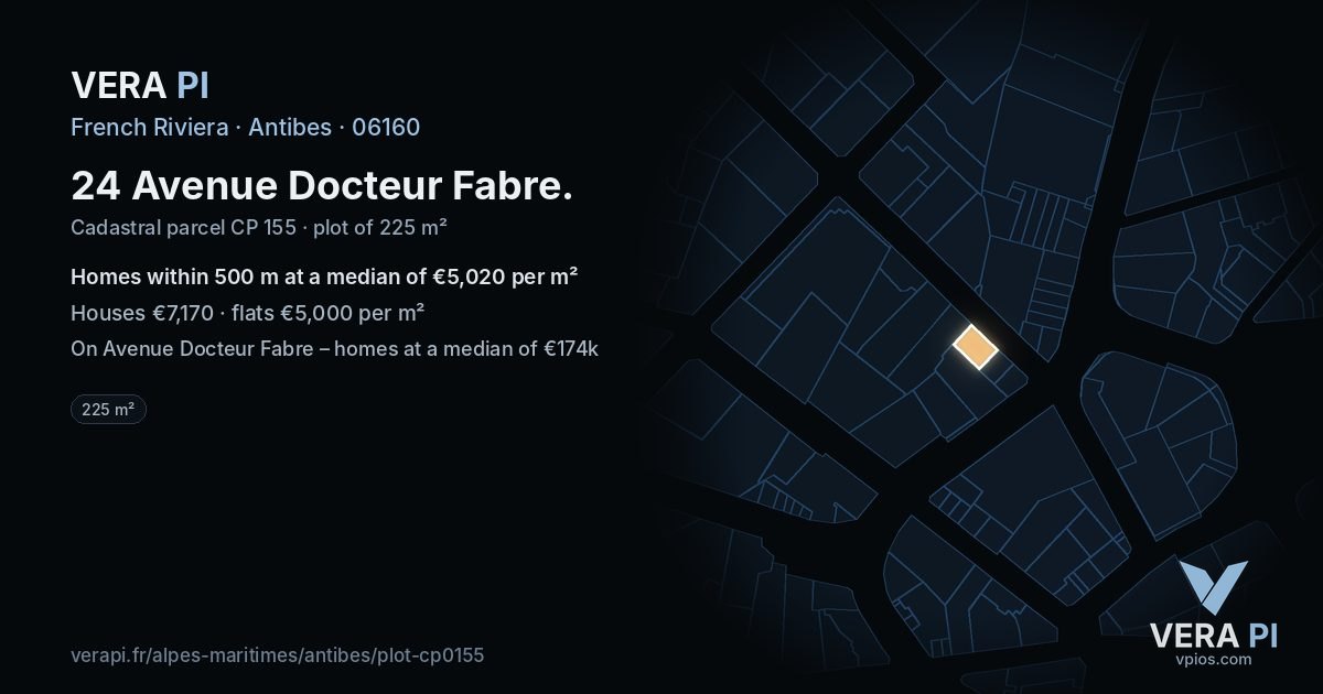 24 Avenue Docteur Fabre, Antibes at night – the plot lit, the parcels around coloured by the prices near them