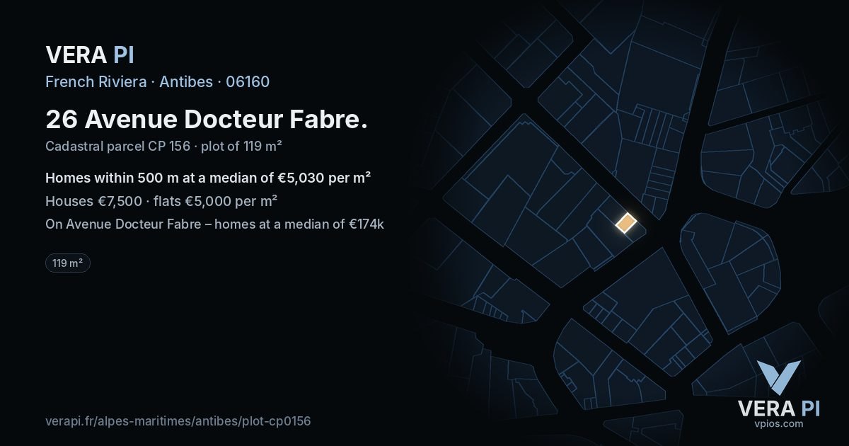26 Avenue Docteur Fabre, Antibes at night – the plot lit, the parcels around coloured by the prices near them