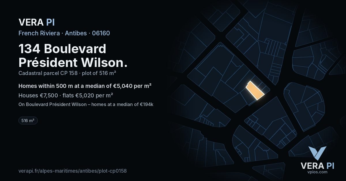 134 Boulevard Président Wilson, Antibes at night – the plot lit, the parcels around coloured by the prices near them