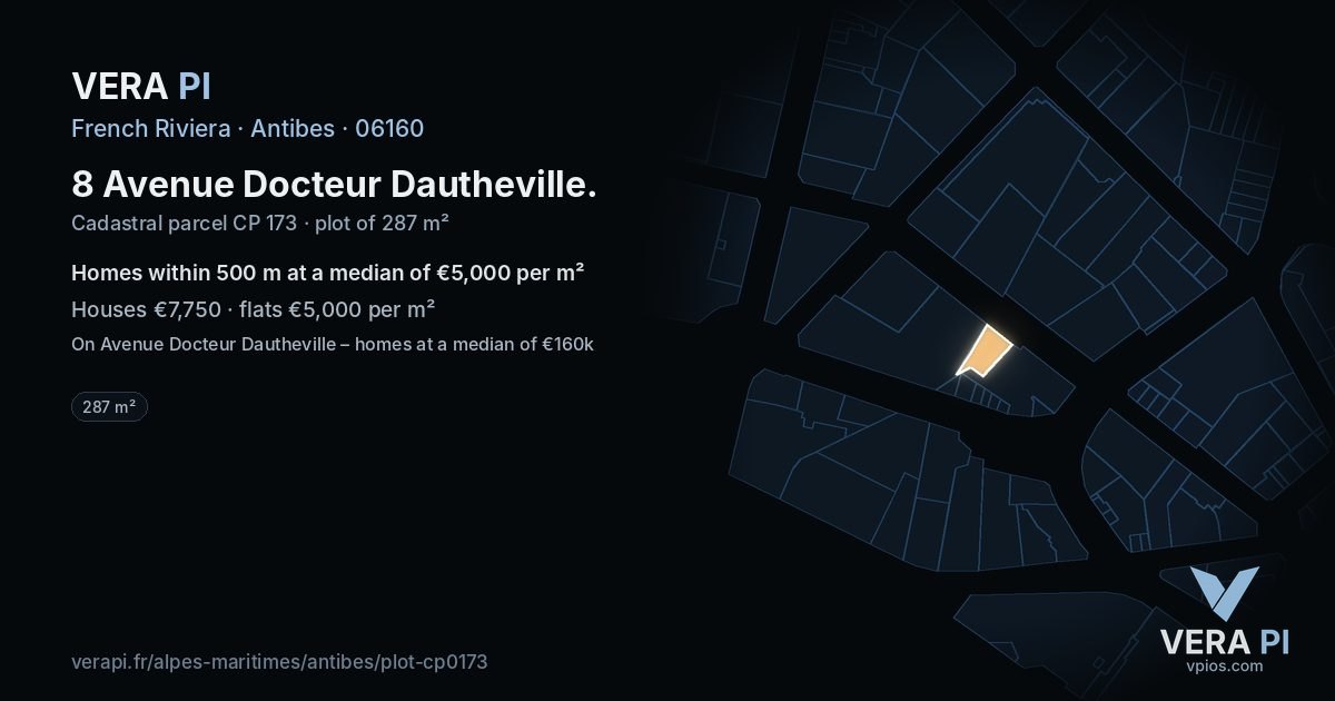 8 Avenue Docteur Dautheville, Antibes at night – the plot lit, the parcels around coloured by the prices near them