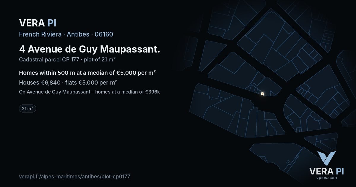 4 Avenue de Guy Maupassant, Antibes at night – the plot lit, the parcels around coloured by the prices near them