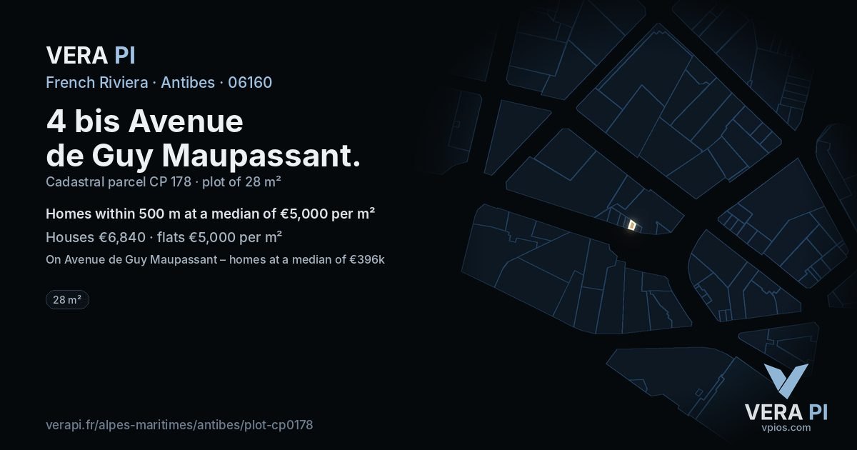 4 bis Avenue de Guy Maupassant, Antibes at night – the plot lit, the parcels around coloured by the prices near them