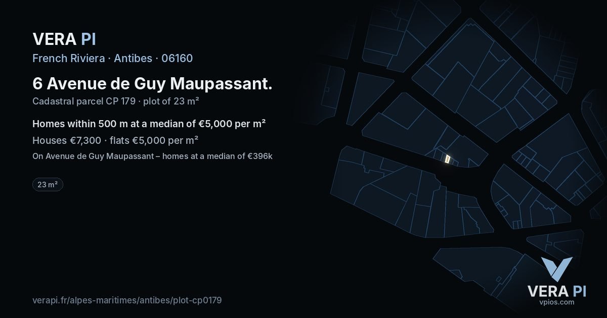 6 Avenue de Guy Maupassant, Antibes at night – the plot lit, the parcels around coloured by the prices near them