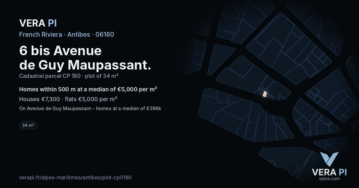 6 bis Avenue de Guy Maupassant, Antibes at night – the plot lit, the parcels around coloured by the prices near them