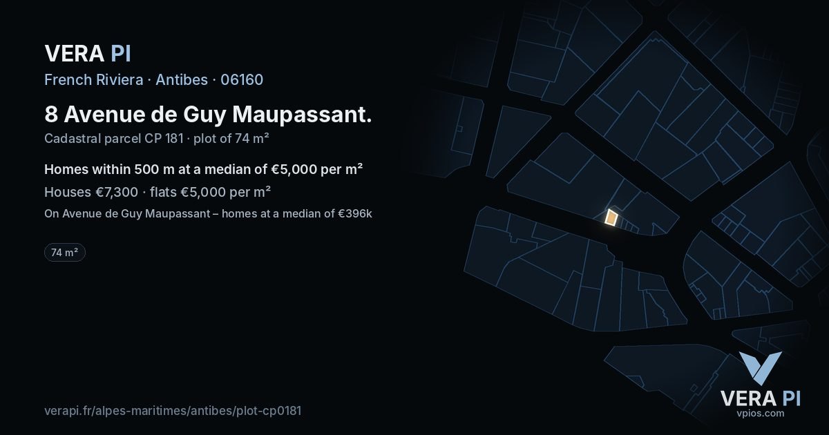 8 Avenue de Guy Maupassant, Antibes at night – the plot lit, the parcels around coloured by the prices near them