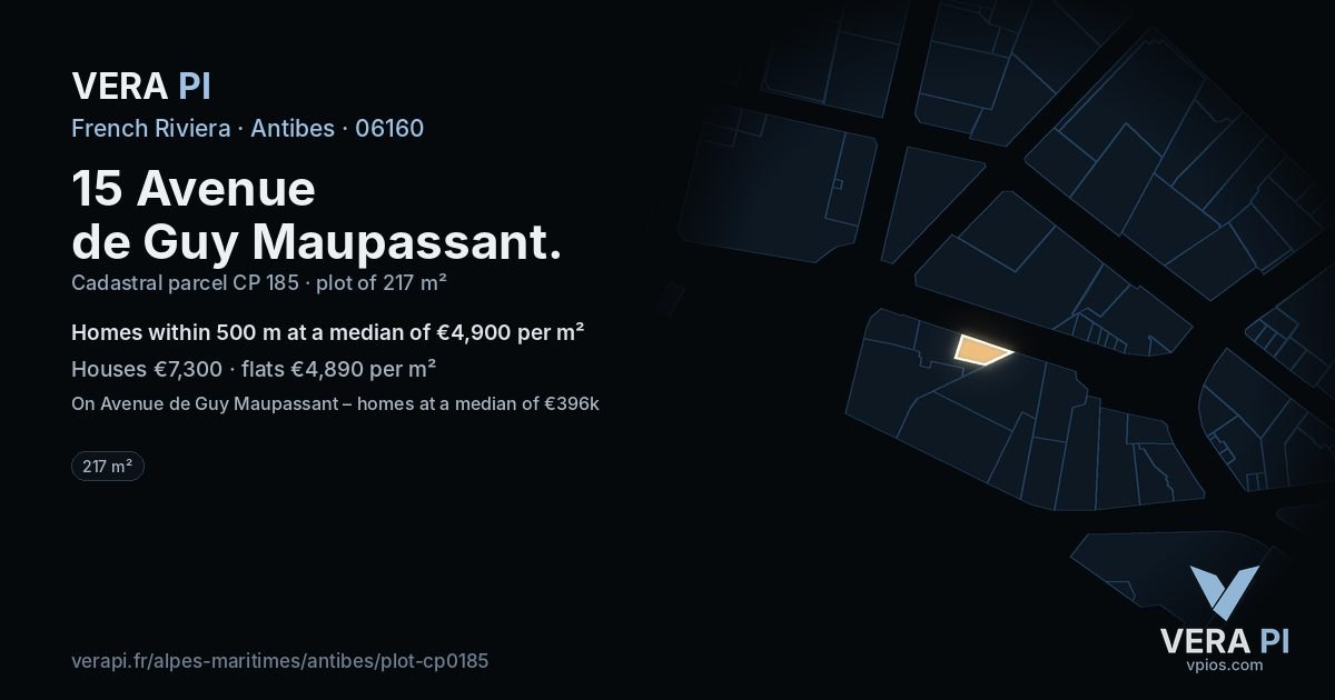 15 Avenue de Guy Maupassant, Antibes at night – the plot lit, the parcels around coloured by the prices near them