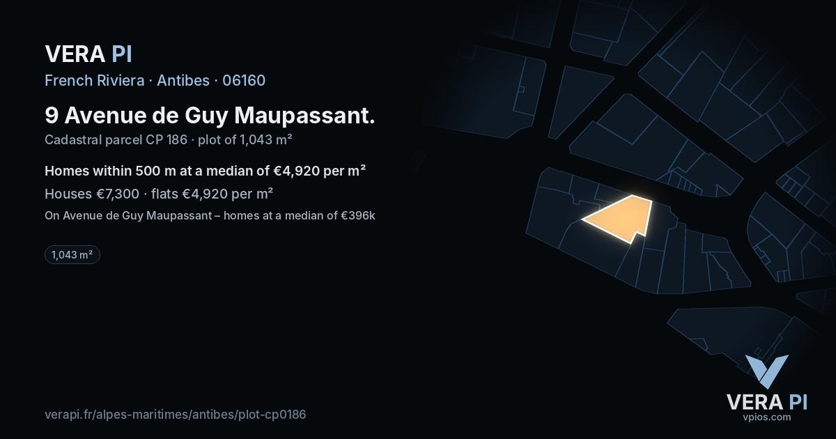 9 Avenue de Guy Maupassant, Antibes at night – the plot lit, the parcels around coloured by the prices near them