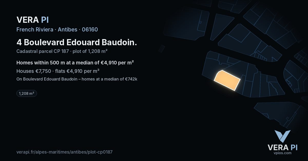 4 Boulevard Edouard Baudoin, Antibes at night – the plot lit, the parcels around coloured by the prices near them