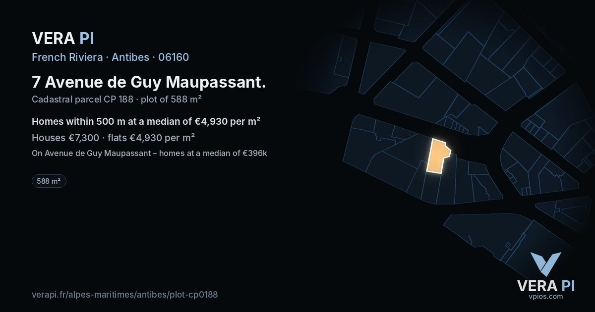 7 Avenue de Guy Maupassant, Antibes at night – the plot lit, the parcels around coloured by the prices near them