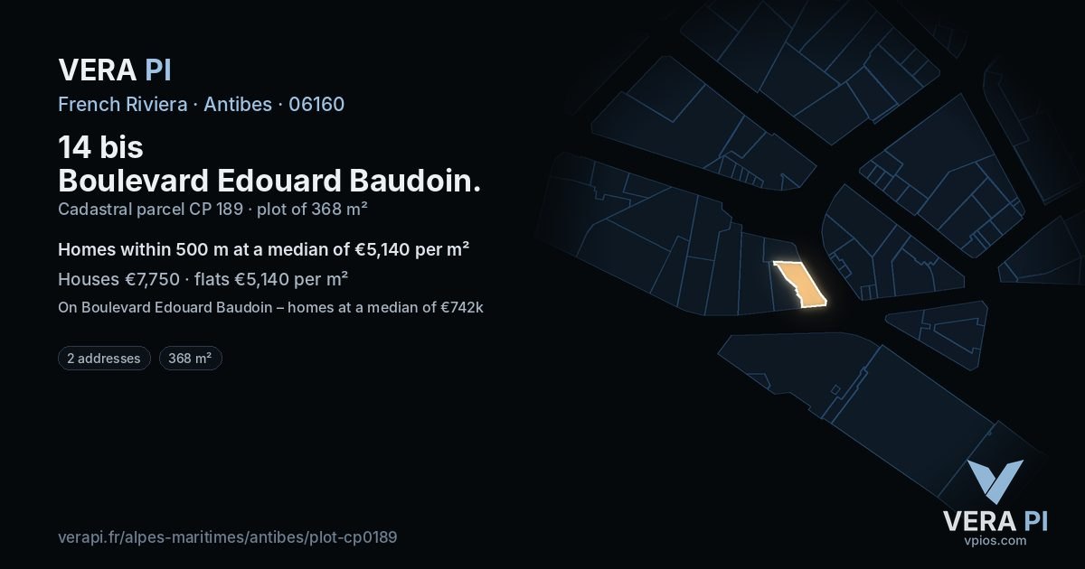14 bis Boulevard Edouard Baudoin, Antibes at night – the plot lit, the parcels around coloured by the prices near them