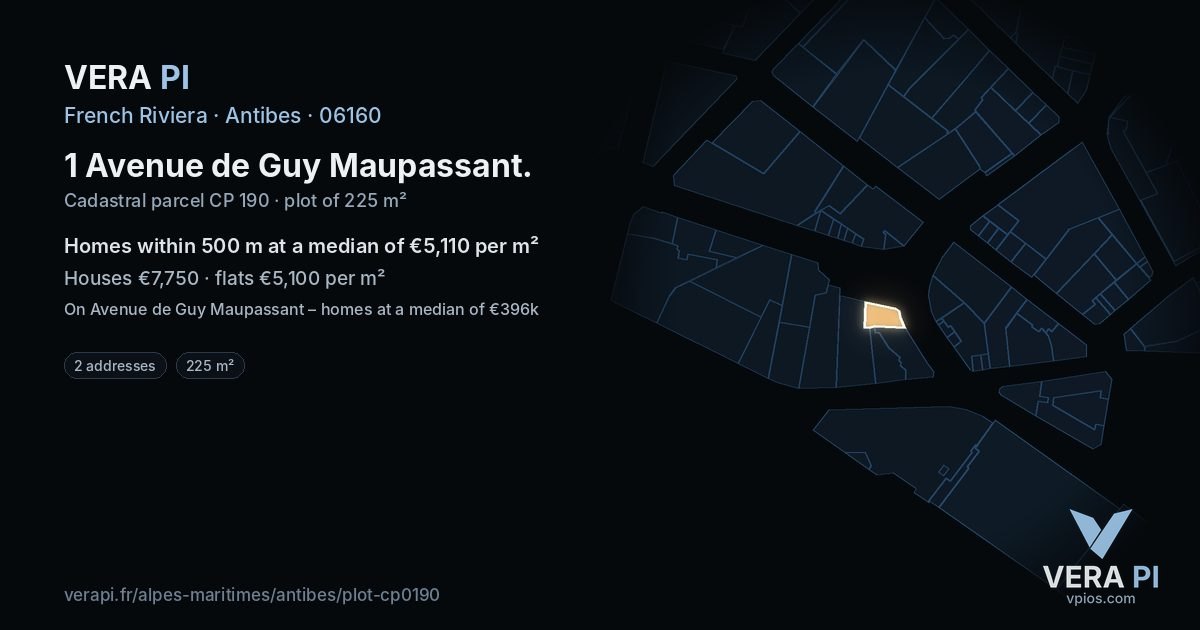 1 Avenue de Guy Maupassant, Antibes at night – the plot lit, the parcels around coloured by the prices near them