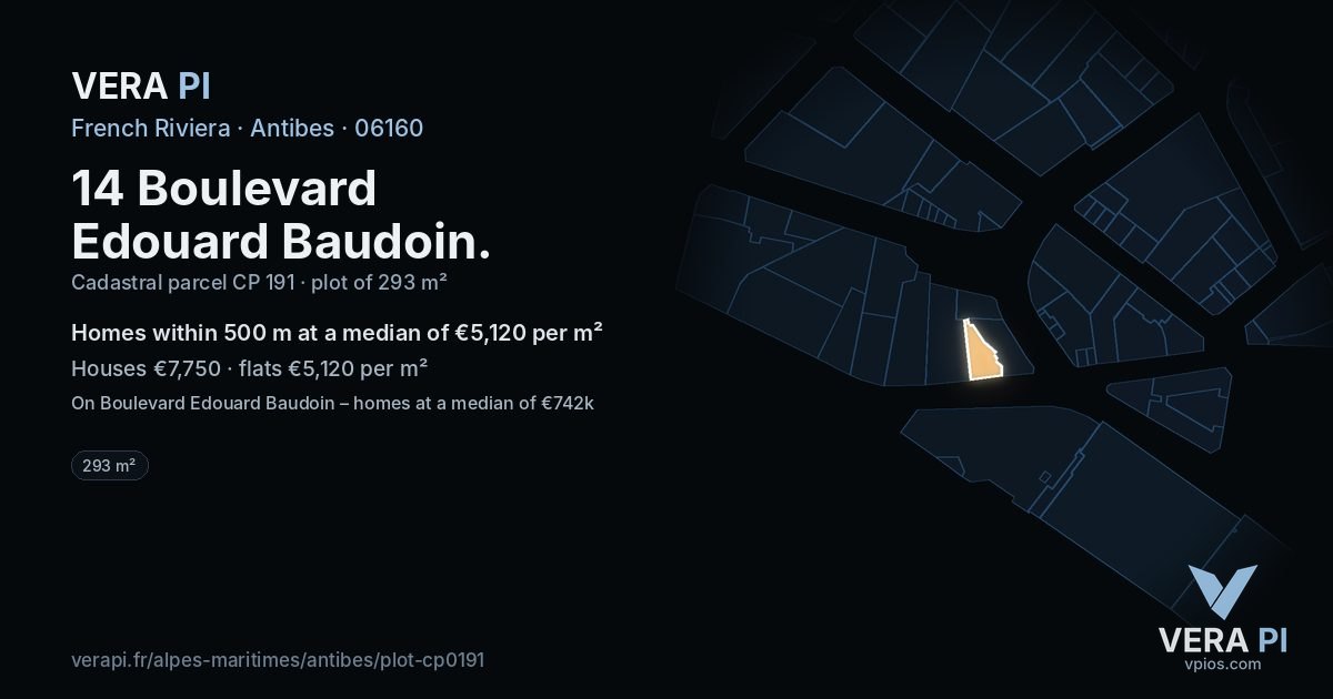 14 Boulevard Edouard Baudoin, Antibes at night – the plot lit, the parcels around coloured by the prices near them