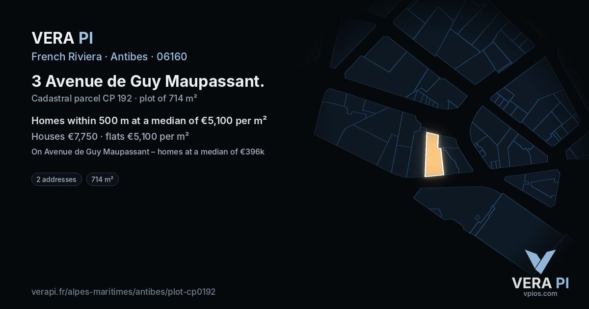 3 Avenue de Guy Maupassant, Antibes at night – the plot lit, the parcels around coloured by the prices near them