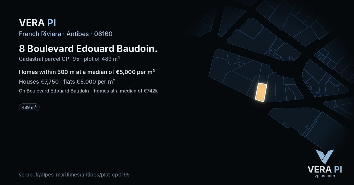 8 Boulevard Edouard Baudoin, Antibes at night – the plot lit, the parcels around coloured by the prices near them
