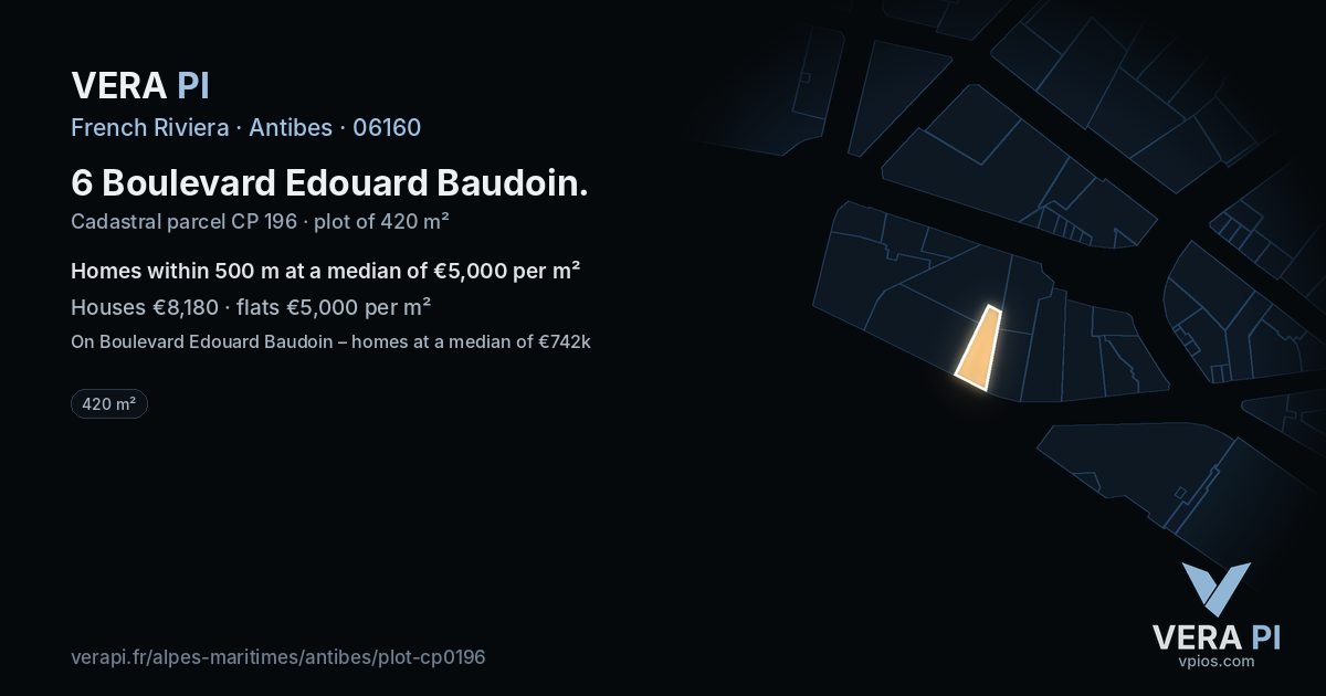 6 Boulevard Edouard Baudoin, Antibes at night – the plot lit, the parcels around coloured by the prices near them