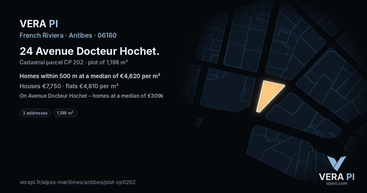 24 Avenue Docteur Hochet, Antibes at night – the plot lit, the parcels around coloured by the prices near them