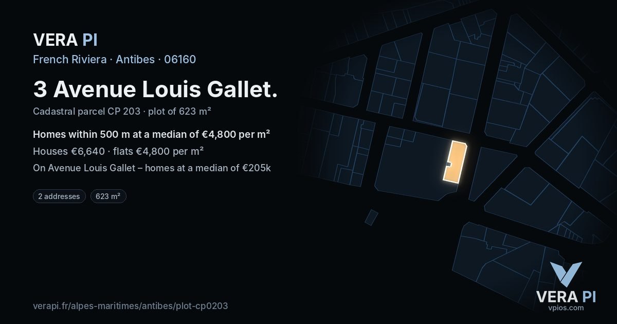 3 Avenue Louis Gallet, Antibes at night – the plot lit, the parcels around coloured by the prices near them