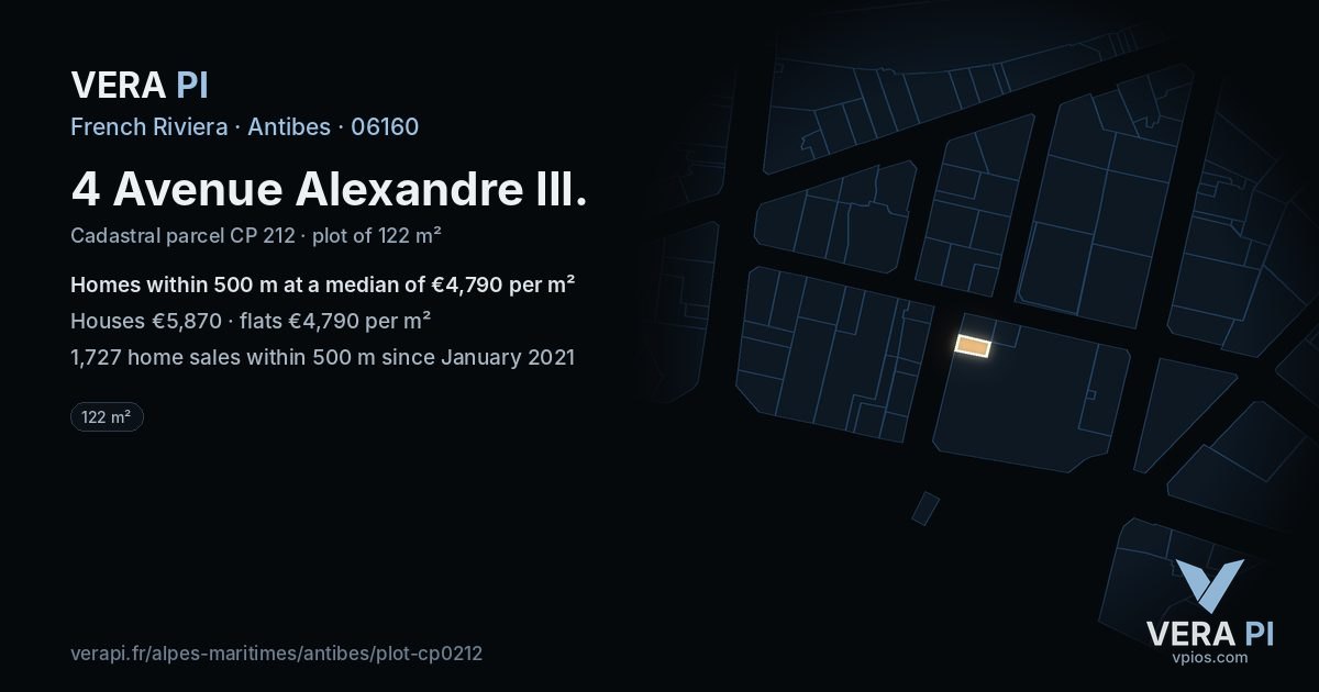 4 Avenue Alexandre III, Antibes at night – the plot lit, the parcels around coloured by the prices near them