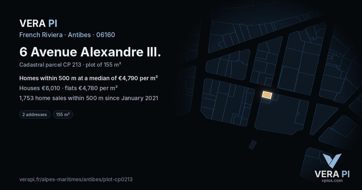 6 Avenue Alexandre III, Antibes at night – the plot lit, the parcels around coloured by the prices near them