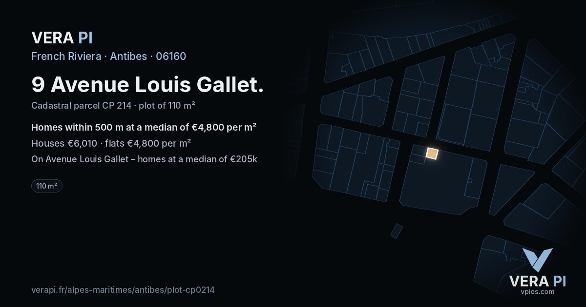 9 Avenue Louis Gallet, Antibes at night – the plot lit, the parcels around coloured by the prices near them