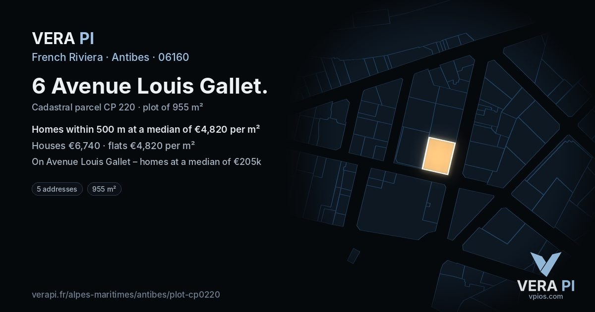 6 Avenue Louis Gallet, Antibes at night – the plot lit, the parcels around coloured by the prices near them