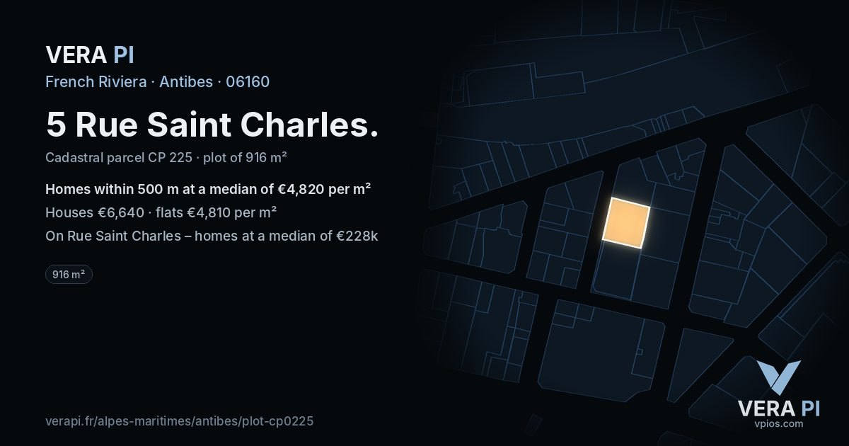 5 Rue Saint Charles, Antibes at night – the plot lit, the parcels around coloured by the prices near them