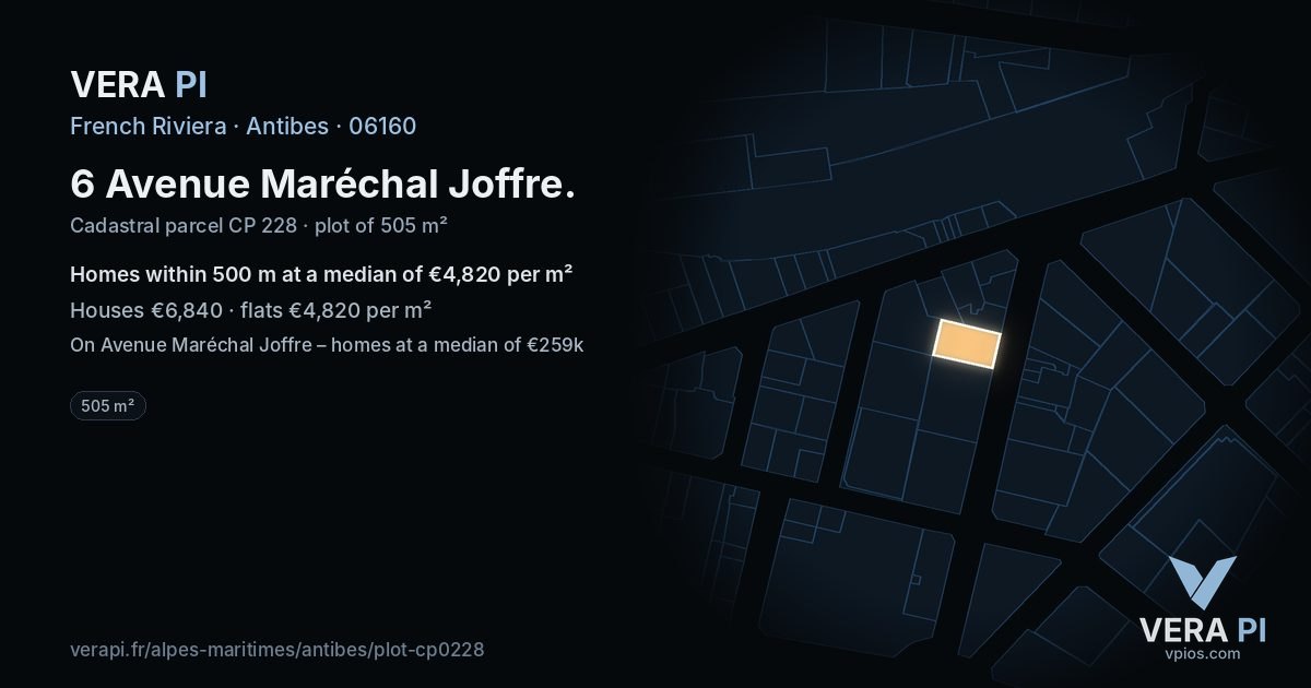 6 Avenue Maréchal Joffre, Antibes at night – the plot lit, the parcels around coloured by the prices near them