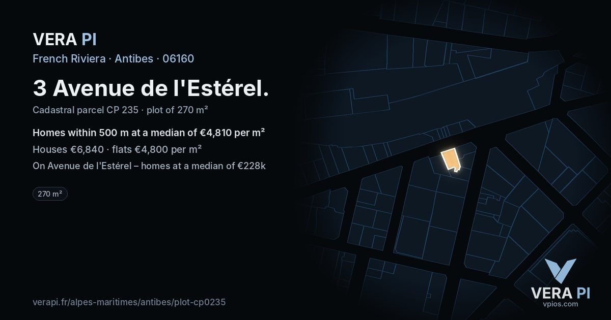 3 Avenue de l'Estérel, Antibes at night – the plot lit, the parcels around coloured by the prices near them