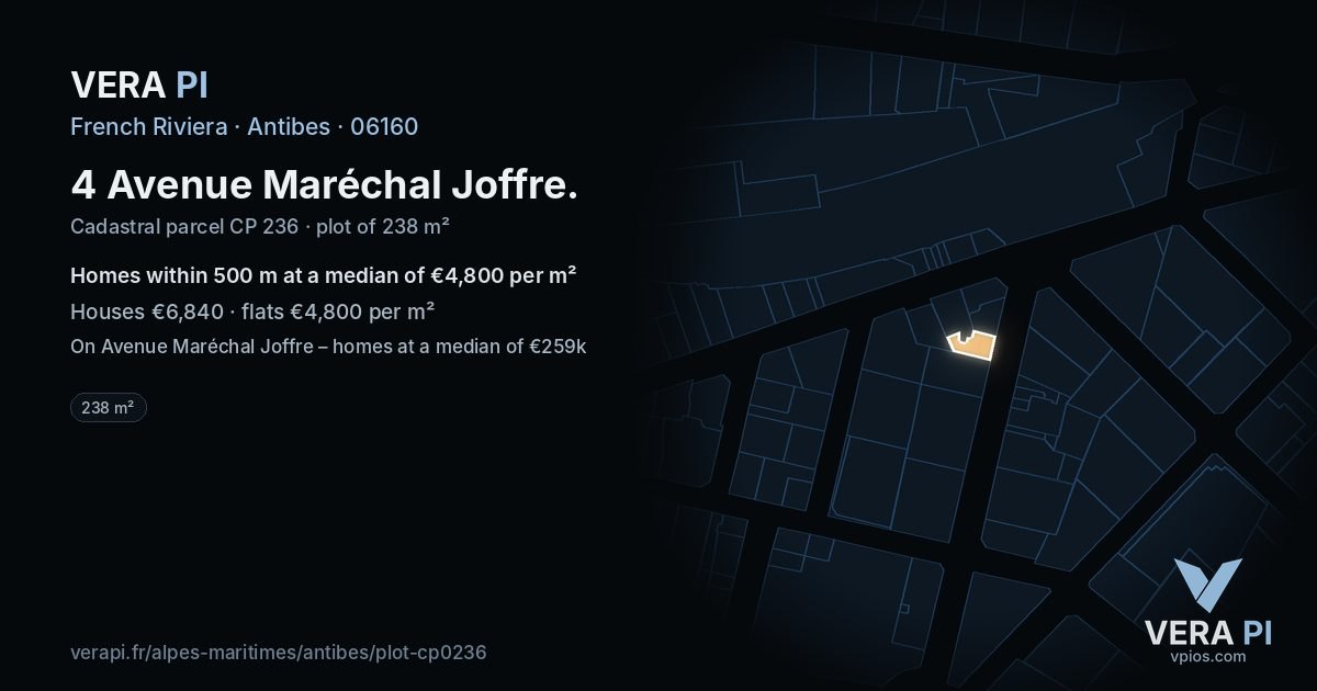 4 Avenue Maréchal Joffre, Antibes at night – the plot lit, the parcels around coloured by the prices near them