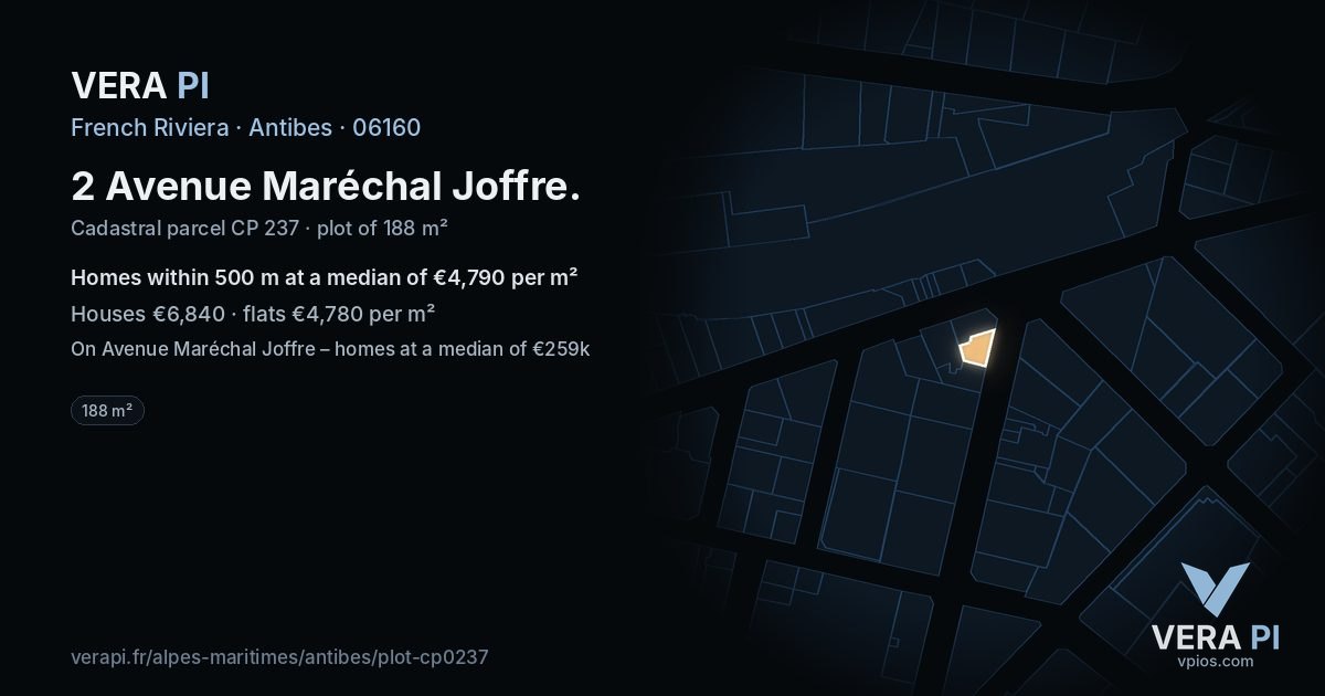 2 Avenue Maréchal Joffre, Antibes at night – the plot lit, the parcels around coloured by the prices near them