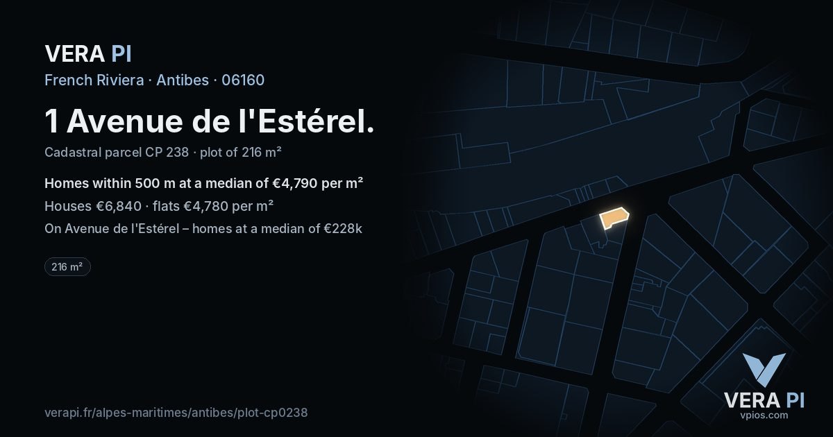 1 Avenue de l'Estérel, Antibes at night – the plot lit, the parcels around coloured by the prices near them