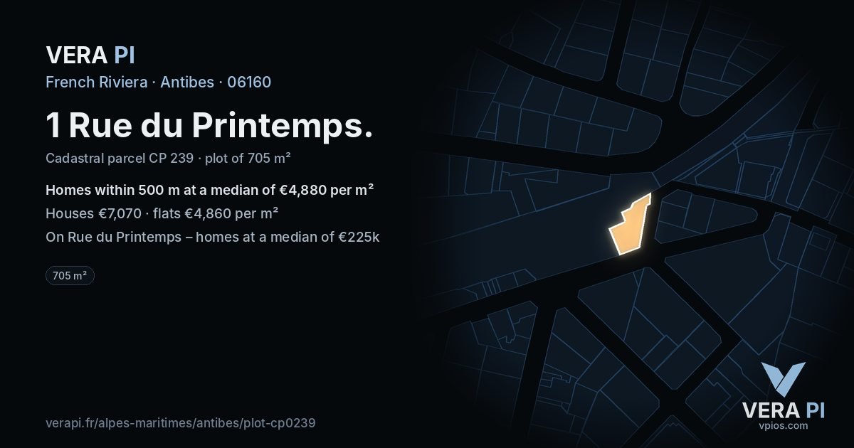 1 Rue du Printemps, Antibes at night – the plot lit, the parcels around coloured by the prices near them